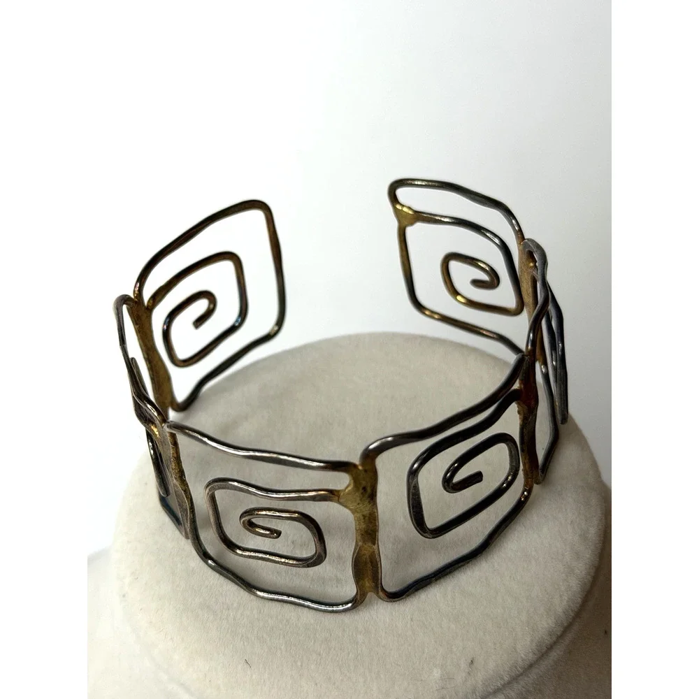 Handcrafted Brass Greek Inspired Geometric Spiral Cuff Bracelet Artisan Bohemian